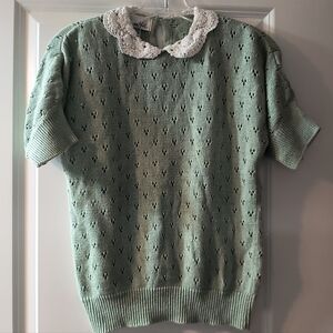 VTG Austin Hill Grandmacore Sage Green Pointelle Knit Top Crochet Collar Medium